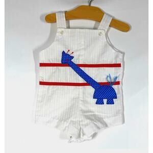Vintage Seersucker Romper Overalls Baby Boy Size 3-6 mo Giraffe Shortalls